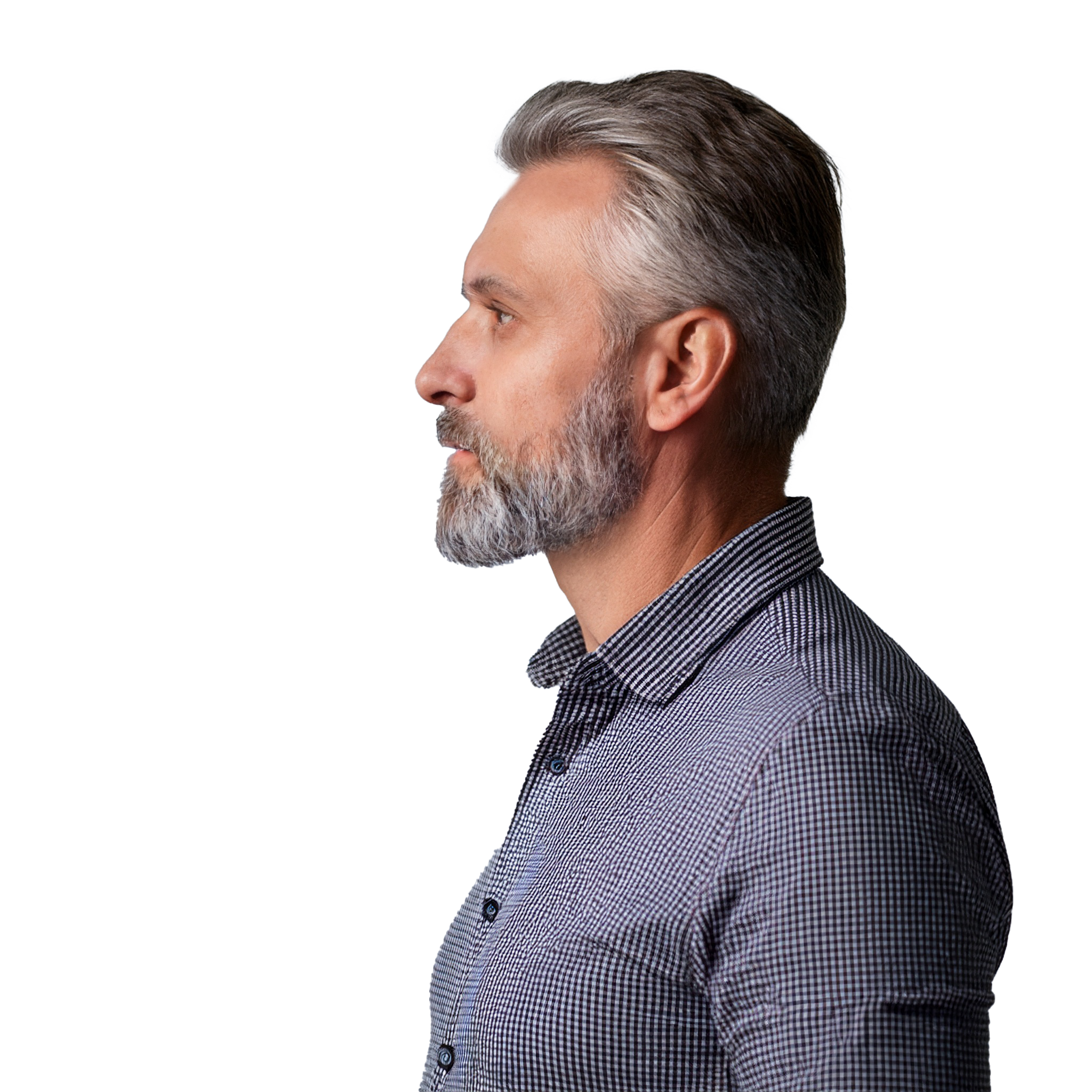 Man with stubble beard. Side view looking to left. Age 50. Clean background 26-03-2025 at 16-07-36